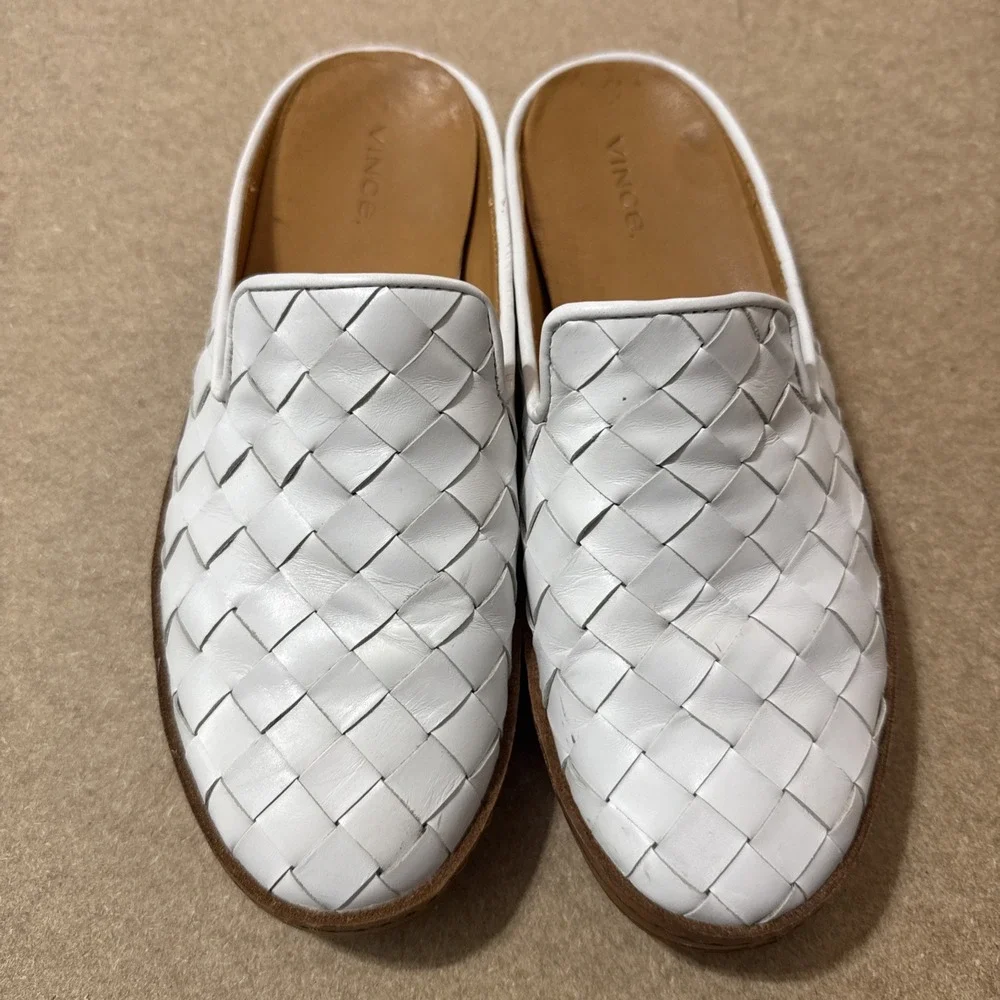 Vince Womens Mules Woven Detail Cushioned Slip On Flats Solid White Size 7 Shoes